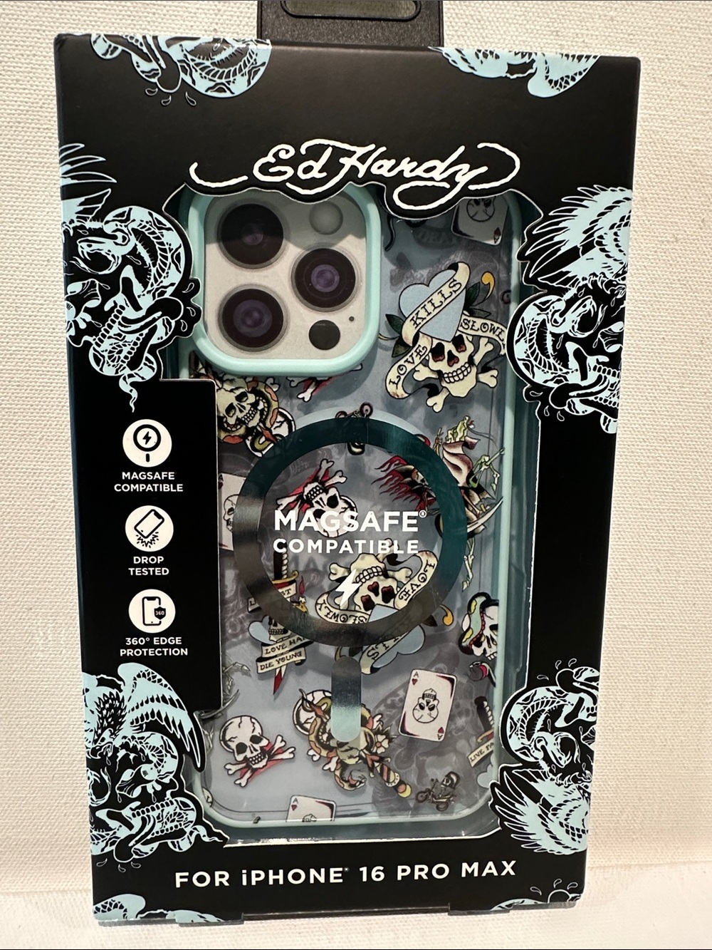 NIB Ed Hardy Love Kills Slowly White iPhone 16 Pro Max Case MagSafe Compatible.